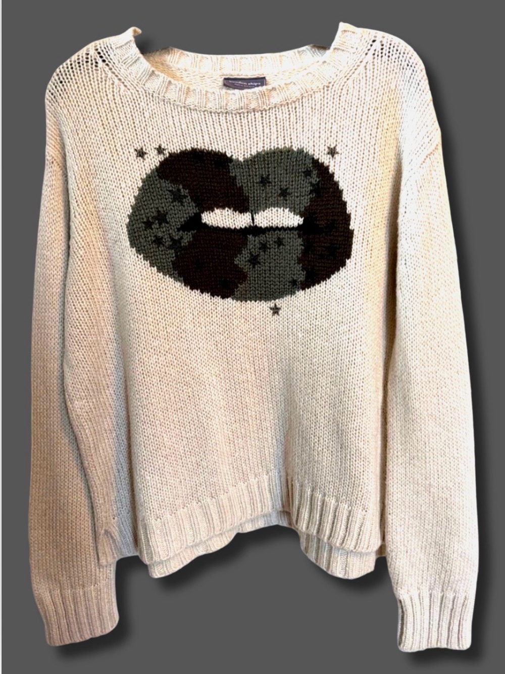 Wooden Ships Camo Lips Kiss Sweater Mohair Wool Blend Beige Oversized Knit S/M